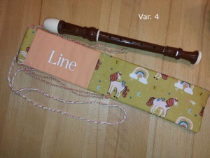 Flötentasche mit Namen, Flötenbeutel - Einhorn & Regenbogen Motive grün (mit optionalen Zubehörfach / Fütterung/Halskordel) - Handarbeit kaufen
