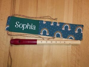 Flötentasche mit Namen, Flötenbeutel - Regenbogen grün (mit optionalen Zubehörfach / Futter / Halsband) 