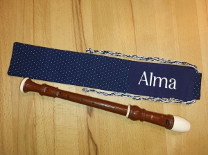 Flötentasche mit Namen, Flötenbeutel - Dunkelblau weiße Dots (mit optionalen Zubehörfach / Futter / Halsband) - Handarbeit kaufen
