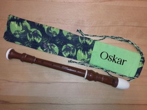 Flötentasche mit Namen, Flötenbeutel - Drachen grün grau (mit optionalen Zubehörfach / Futter / Halsband) - Handarbeit kaufen