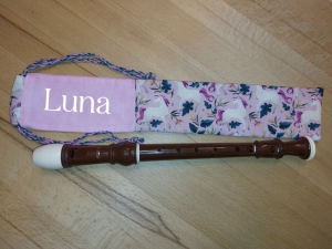 Flötentasche mit Namen, Flötenbeutel - Einhörner rosa (mit optionalen Zubehörfach / Fütterung/Halskordel)