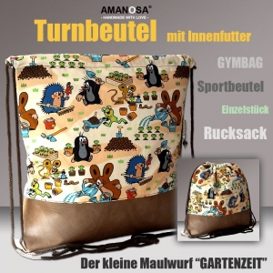 Turnbeutel Sportbeutel Stofftasche Der kleine Maulwurf “Gartenspaß” mit Innenfutter und Kunstleder - Handarbeit kaufen