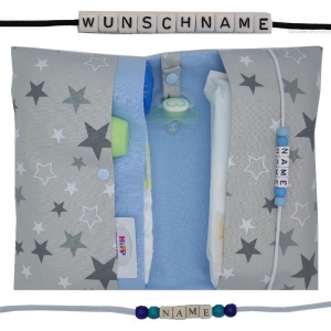 Windeltasche mit Name to go Wickeltasche XXL Sterne grau hellblau personalisiert Windeletui Geschenk Geburt Taufe Baby Junge  - Handarbeit kaufen