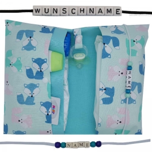 Windeltasche mit Name to go Wickeltasche XXL Waldtiere Fuchs mint personalisiert Windeletui Geschenk Geburt Taufe Baby Mädchen Junge