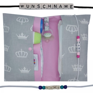 Windeltasche mit Name to go Wickeltasche XXL Prinzessin Krone grau rosa personalisiert Windeletui Geschenk Geburt Taufe Baby Mädchen