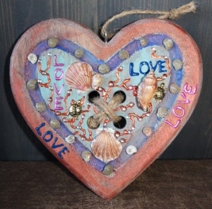 Geschenk Valentinstag LOVE abstrakt maritim gestaltetes Herz aus Holz mit Acrylfarbe im Shabby-Stil bemalt - Handarbeit kaufen