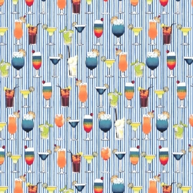 50cm Baumwollstoff 100% Baumwolle Meterware Kinderstoff Hergestellt nach ÖkoTex100 bunte Cocktails auf blau weiß gestreift