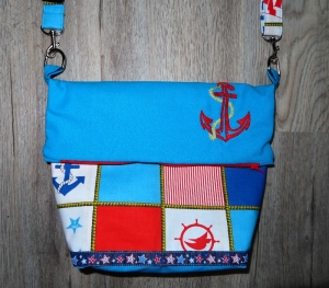Handtasche Umhängetasche Folovertasche Bestickt Maritim Anker Baumwolle Handmade Unikat Einzelstück  - Handarbeit kaufen