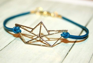 ♡ Handmade Origami Lasercut Segelboot Freundschafts Armband, Leder, blau/gold - 16-17cm 