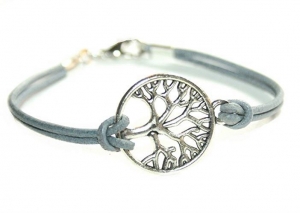 ♡ Handmade Lebensbaum Freundschafts Armband, Leder, grau/silber - 16-17cm 