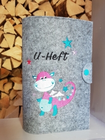 U-Hefthülle Drache pink türkis mit Sterne und Wunschnamen / Datum 
