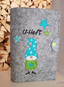 U-Hefthülle Wichtel mit Sternen türkis grün und Aufschrift U-Heft