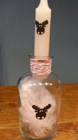 Flasche mit Kerze und Federn in rosa / Kerzenglas - Kerzenständer / Vase  mit Elch