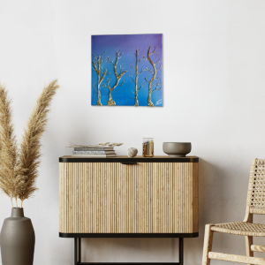 Einzigartiges abstraktes Gemälde mit Bäumen in Blau und Gold. Die quadratische Leinwand hat 40cm und ist eine schöne Wanddekoration in wohnzimmer, Schlafzimmer oder Esszimmer. - Handarbeit kaufen