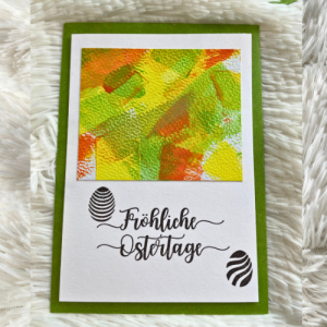 Handgefertigte Osterkarten in Gelb, Orange und Grün mit Ostereiern Eine handgemalte Karte zum Osterfest - Handarbeit kaufen