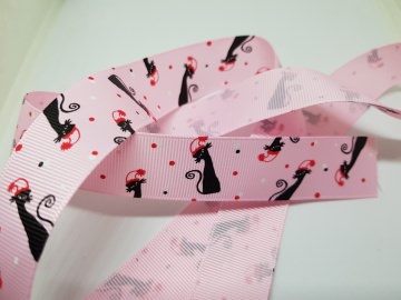 Ripsband Borte Bordüre Designband rosa mit schwarze Katze 25mm Meterware