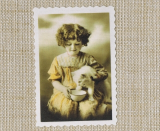 Label ♥ Mädchen mit Katze ♥ Vintage Applikation Stoffbild Aufnäher - 200
