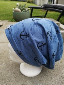 Long Beanie Mütze Hippster  blau unisex leicht warm angenehm Bio Jersey Baumwolle - Handarbeit kaufen