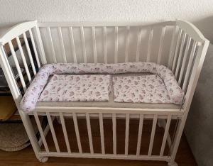 3 tlg Babyzimmer Set  ❤️ Bettwäsche  ❤️ Bettschlange ❤️ Unikat - Boho rosa - Handarbeit kaufen