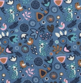 Baumwolljersey süßer Sleeping Panther mit Blumenmuster Vögel auf blau kaufen Meterware Jersey