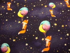 Baumwolljersey Sternensammler Fuchs mit Luftballons auf dunkellau im Sternenhimmel Jersey Kinderstoffe made EU Stoffe Meterware kaufen nähen Geschenke