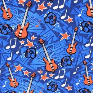 French Terry Sweatdruck Sommersweat-Rock & Roll auf blau Rock Gitarre Bass Stoffe Limited Edition blau weiß schwarz Männer Jungs Jugendliche French Terry Meterware kaufen  - Handarbeit kaufen
