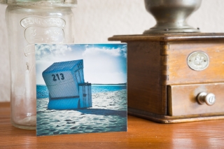 Strandkorb Sylt maritim Nordsee Urlaub Entspannung Foto auf Holz, im Quadrat, 10x10