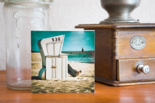 Strandkorb Sylt maritim Nordsee Urlaub Entspannung Foto auf Holz, im Quadrat, 10x10 