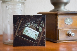 Bulli VW Bus T1 Foto auf Holz, im Quadrat, 10 x 10 cm