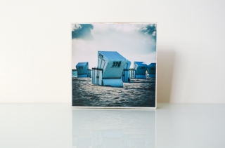 Sylt, Strandkorb, Meer, maritim, Sand, Urlaub, Foto auf Holz, im Quadrat, 13x13 cm
