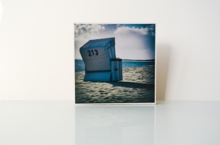 Sylt, Strandkorb, Meer, maritim, Sand, Urlaub, Foto auf Holz, im Quadrat, 13x13