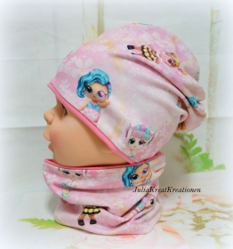 Beanie Mütze Halssocke Haarband 3er Set Gr. 48-50 rosa Blumen Puppen Mädchen - Handarbeit kaufen