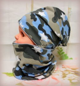 Set Beanie Mütze Loop Camouflage Sternen grau/blau Gr. 50-52 - Handarbeit kaufen