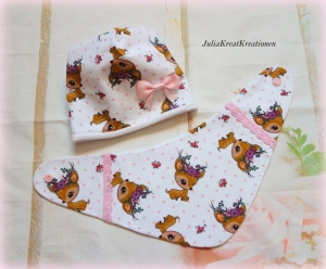 REH ROSALIE Neugeborene Set Mütze Halstuch Set Baby Gr. 36-40 0-3 Monaten  mit Schleife weiß/rosa - Handarbeit kaufen