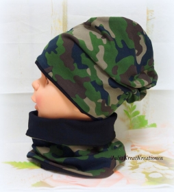Beanie Mütze Halssocke Camouflage Khaki/schwarz Größe wählbar - Handarbeit kaufen