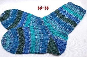 handgestrickte Socken, Grösse 34/35, 1 Paar petrol-grau-blau gestreift, Sockenwolle mit Baumwollanteil  - Handarbeit kaufen