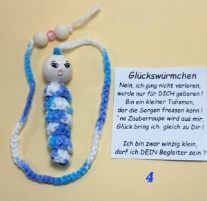 Glücks-oder Sorgenwürmchen mit Spruch als LESEZEICHEN in Geschenktüte blau-weiß 4  Accessoire