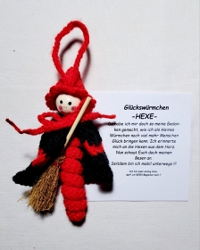 Glücks-oder Sorgenwürmchen HEXE mit Spruch  in Geschenktüte -rot-schwarz- - Handarbeit kaufen