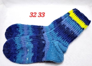  handgestrickte Socken, Grösse 30-31,    1 Paar blau-grün-lila gestreift, Sockenwolle