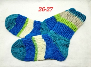 1 Paar handgestrickte Socken, Grösse 26-27, blau-grün-natur gestreift, Sockenwolle - Handarbeit kaufen