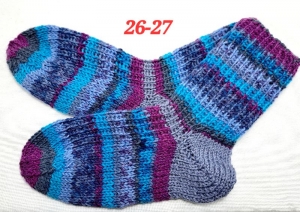 1 Paar handgestrickte Socken, Grösse 26-27, grau-petrol-bunt gestreift, Sockenwolle - Handarbeit kaufen