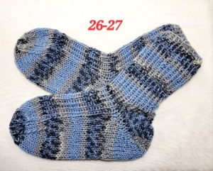 1 Paar handgestrickte Socken, Grösse 26-27, blau-grau gestreift, Sockenwolle  - Handarbeit kaufen