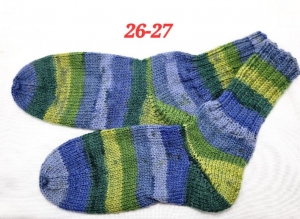 1 Paar handgestrickte Socken, Grösse 26-27, blau-grün-grau, Sockenwolle - Handarbeit kaufen