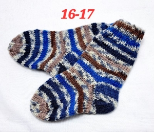 1 Paar handgestrickte Socken, Grösse 16-17 braun-blau-grau gestreift, Sockenwolle  - Handarbeit kaufen