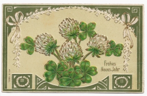Alte Jugendstil Postkarte Neujahr ★ FROHES NEUES JAHR ★ Glücksklee mit Blüten