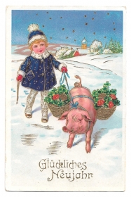 Alte Lithografie Postkarte ★ GLÜCKLICHES NEUJAHR ★  Mädchen, Schwein, Glücksklee, Fliegenpilze, 1938
