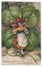Alte Lithografie Postkarte ★HERZLICHEN GLÜCKWUNSCH ZUM NEUEN JAHRE!★  Zwergin, Glücksklee, Blumen, 1910