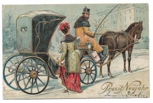 Alte Lithografie Postkarte ★PROSIT NEUJAHR!★Elegante Dame steigt in eine Kutsche, 1907