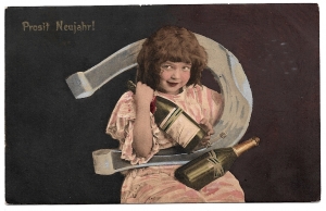 Alte Postkarte ★PROSIT NEUJAHR!★ Mädchen mit Hufeisen und Sektflaschen, 1907