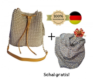 handgemachte gehäkelte Tasche Torba Cappuchino mit Kettenriemen und Quaste, Schal gratis - Handarbeit kaufen